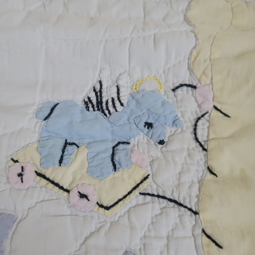 Vintage Handmade Hand Quilted Baby Quilt Blanket Embroidery Nursery 37”x49”